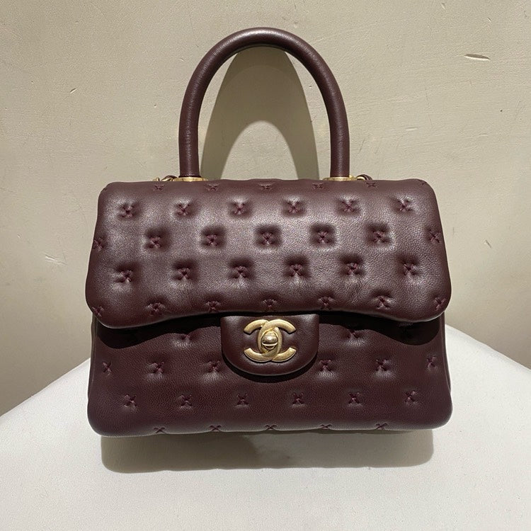 Chanel Coco Handle Wine Leather Top Handle Bag with ity Card