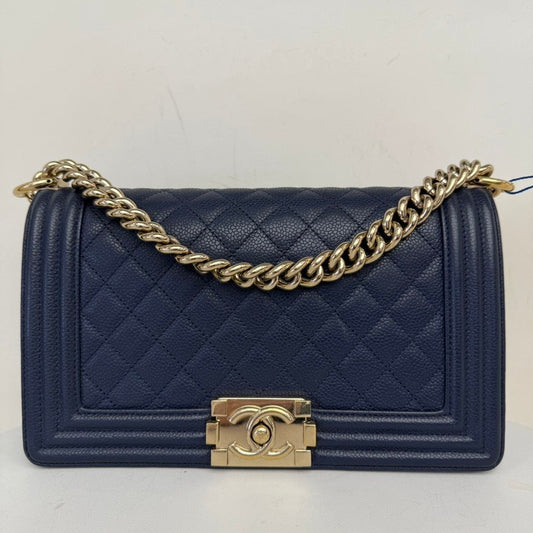 Chanel Caviar Leather Boy Bag Medium Navy Series