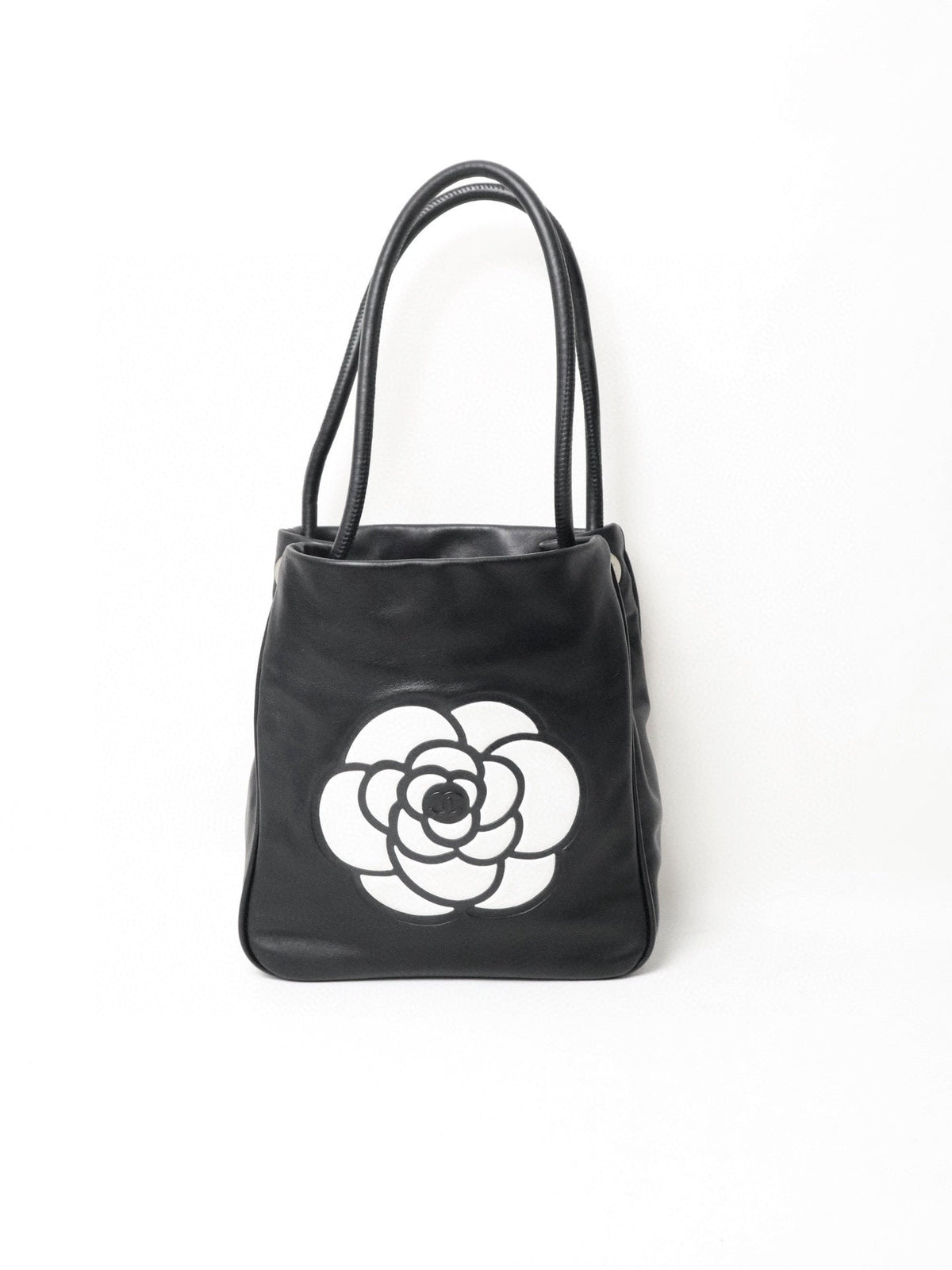 Chanel Camelia Black Leather Double Face Tote Bag - Very Good Condition
