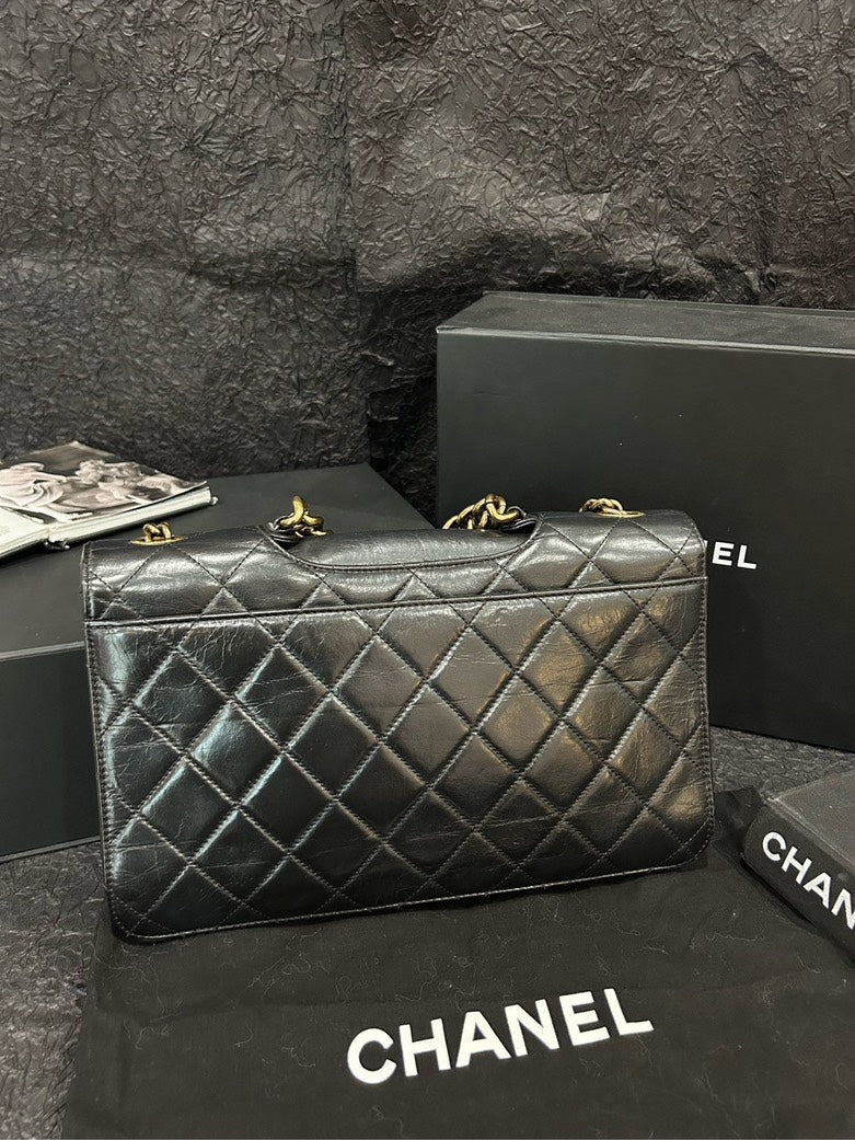Chanel Black Calfskin with Gold-Tone Hardware Bombay Chain Flap Bag cm×cm