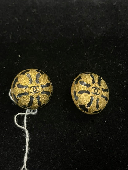 Chanel Vintage Clip On Earrings Gold Black Floral Motif