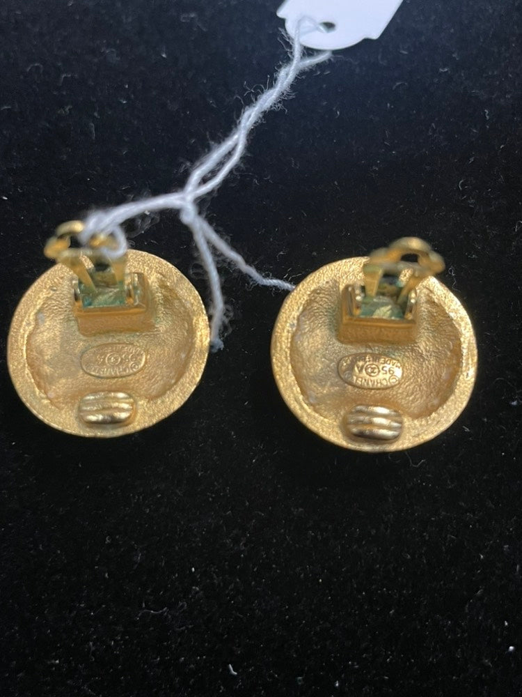 Chanel Vintage Clip On Earrings Gold Black Floral Motif