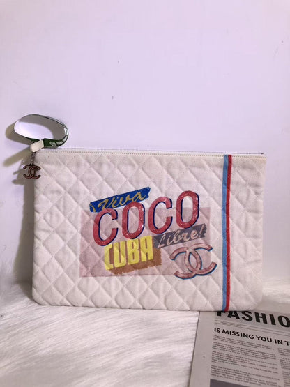 Chanel CUBA Quilted Canvas Clutch in White with Multicolor Print