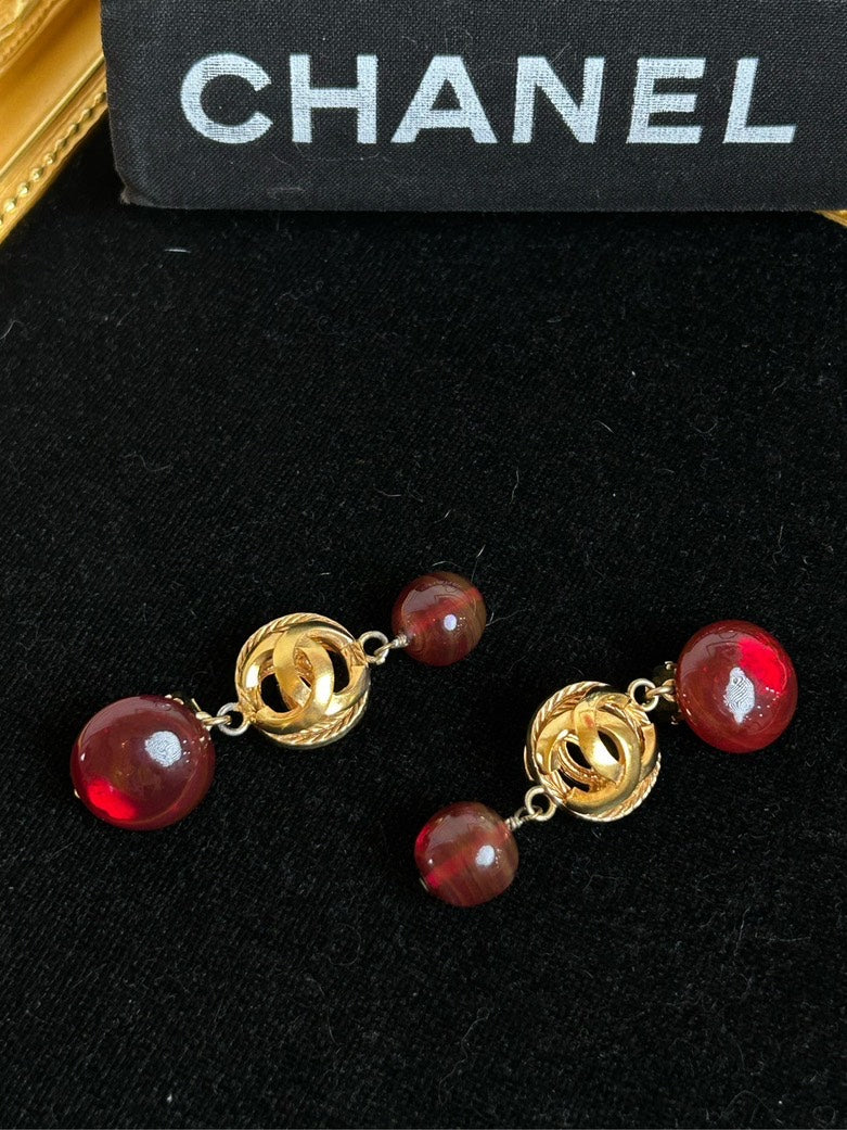 Chanel Red Hollow-Out Glass Gold Ball Clip-On Earrings .cm