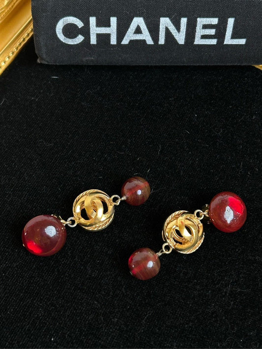 Chanel Red Hollow-Out Glass Gold Ball Clip-On Earrings .cm