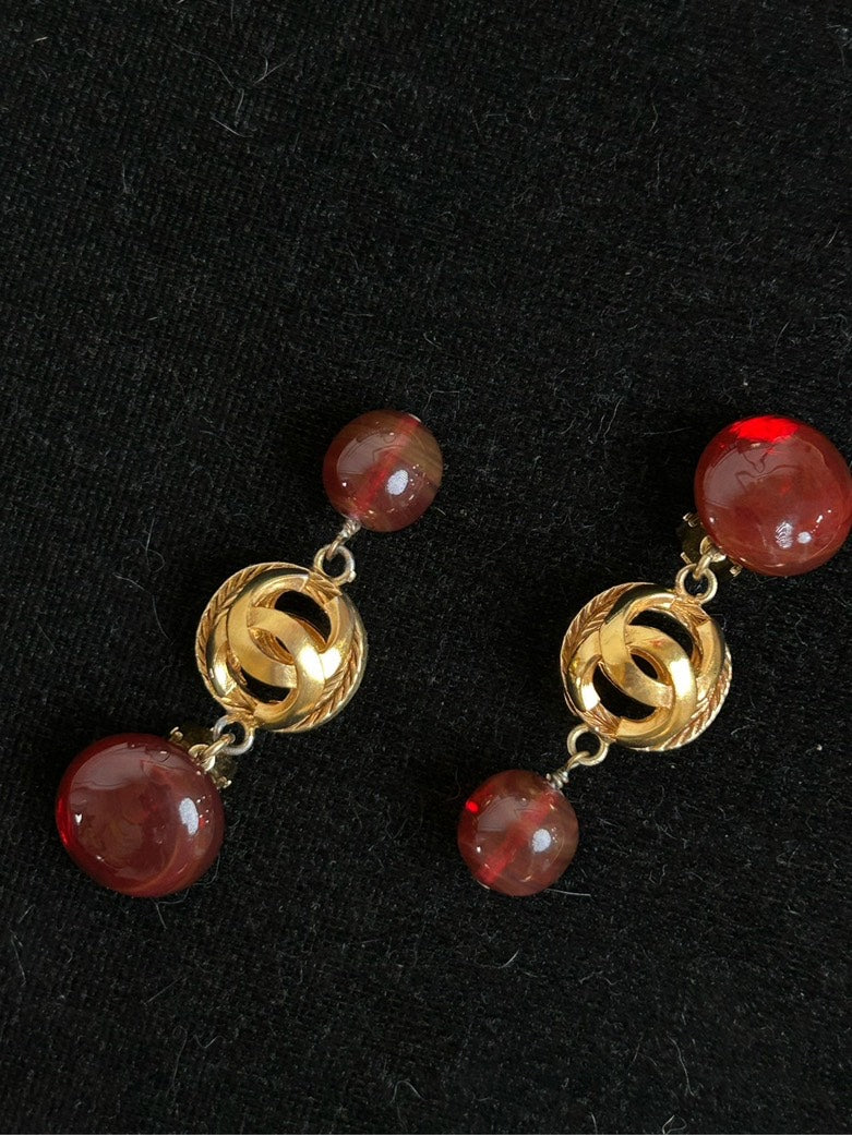 Chanel Red Hollow-Out Glass Gold Ball Clip-On Earrings .cm