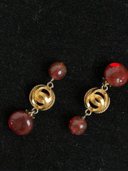 Chanel Red Hollow-Out Glass Gold Ball Clip-On Earrings .cm