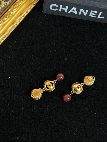Chanel Red Hollow-Out Glass Gold Ball Clip-On Earrings .cm