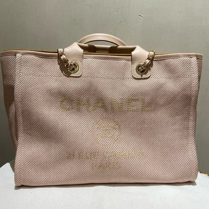 Chanel Large Canvas Beach Tote with Calfskin and Gold Chain in Beige