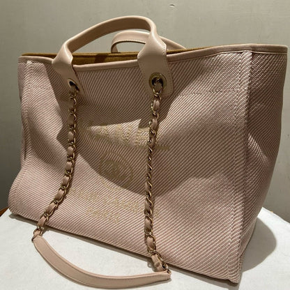 Chanel Large Canvas Beach Tote with Calfskin and Gold Chain in Beige