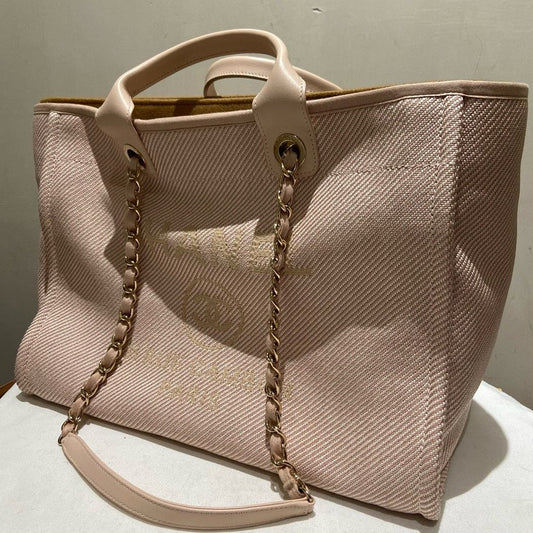 Chanel Large Canvas Beach Tote with Calfskin and Gold Chain in Beige