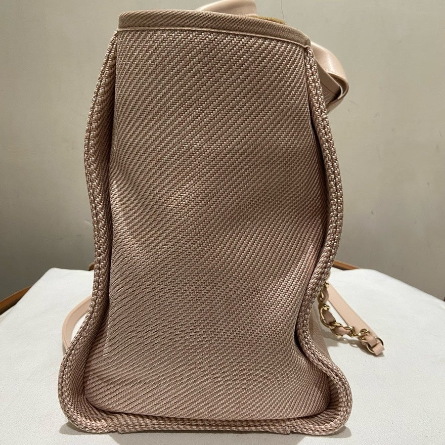 Chanel Large Canvas Beach Tote with Calfskin and Gold Chain in Beige