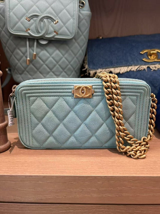 Preloved Chanel BMZ Quilted Leather Crossbody Bag in Light Blue