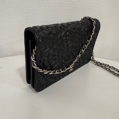 Preloved Chanel Camellia Calfskin Wallet on Chain FM Black Leather Crossbody Bag