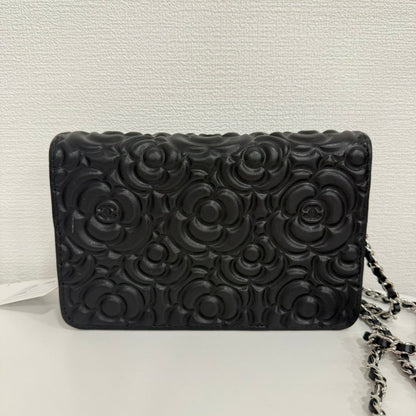 Preloved Chanel Camellia Calfskin Wallet on Chain FM Black Leather Crossbody Bag