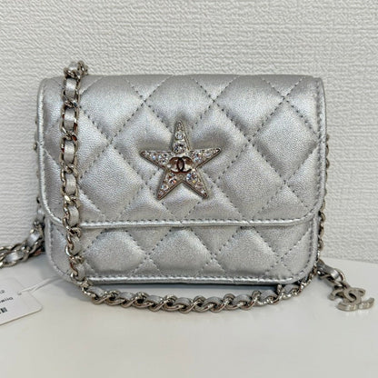 Chanel Mini Pouch on Chain FM Silver Quilted Leather Crossbody Bag