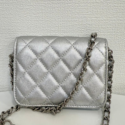 Chanel Mini Pouch on Chain FM Silver Quilted Leather Crossbody Bag