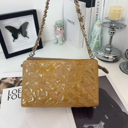 CHANEL Patent Leather Shoulder Bag Brown