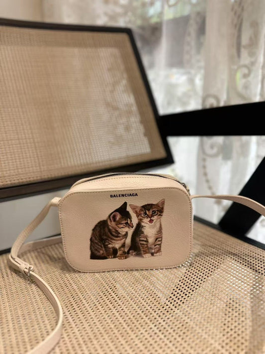 Balenciaga Kitten Print Beige Camera Bag -  Designer Crossbody