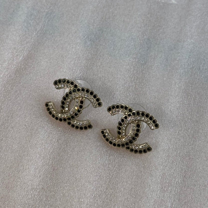 Chanel CC Logo Lined Row Black & White Strass Earrings