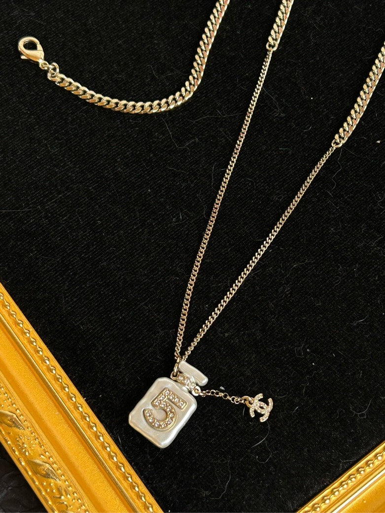 Chanel No Perfume Bottle Double C Diamond Necklace cm Gold Pendant