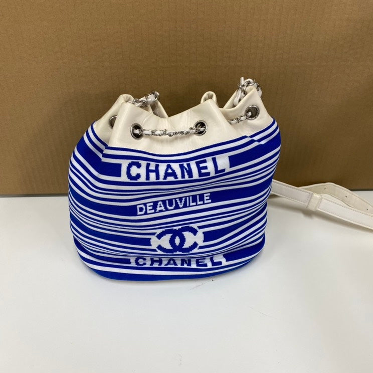 Chanel E Blue & White Striped Bucket Bag
