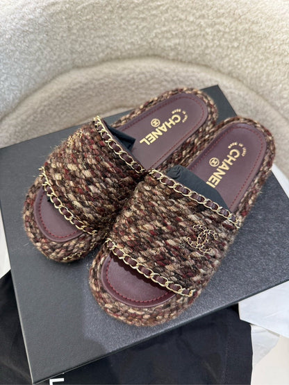 Chanel Tweed Slide Slippers Brown Sandals