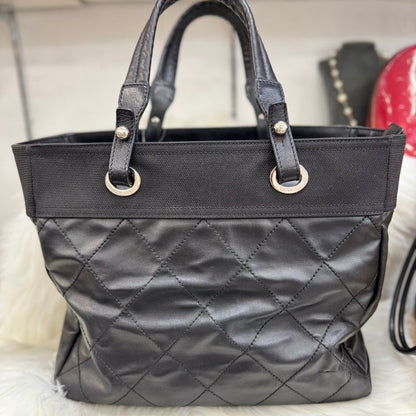 CHANEL Paris Beerlit Tote MM Black Leather Canvas Tote Bag