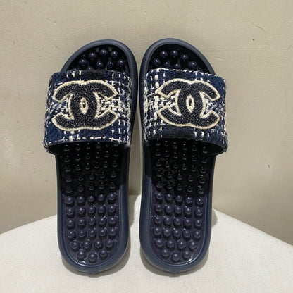 Chanel Tweed Logo Slide Sandals Navy Blue