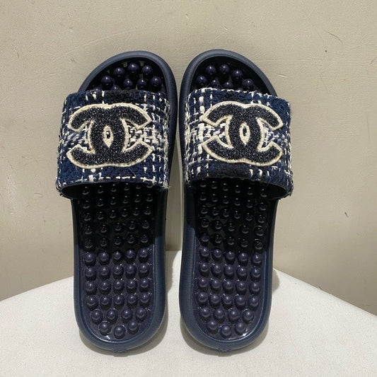 Chanel Tweed Logo Slide Sandals Navy Blue