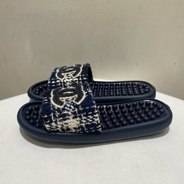 Chanel Tweed Logo Slide Sandals Navy Blue