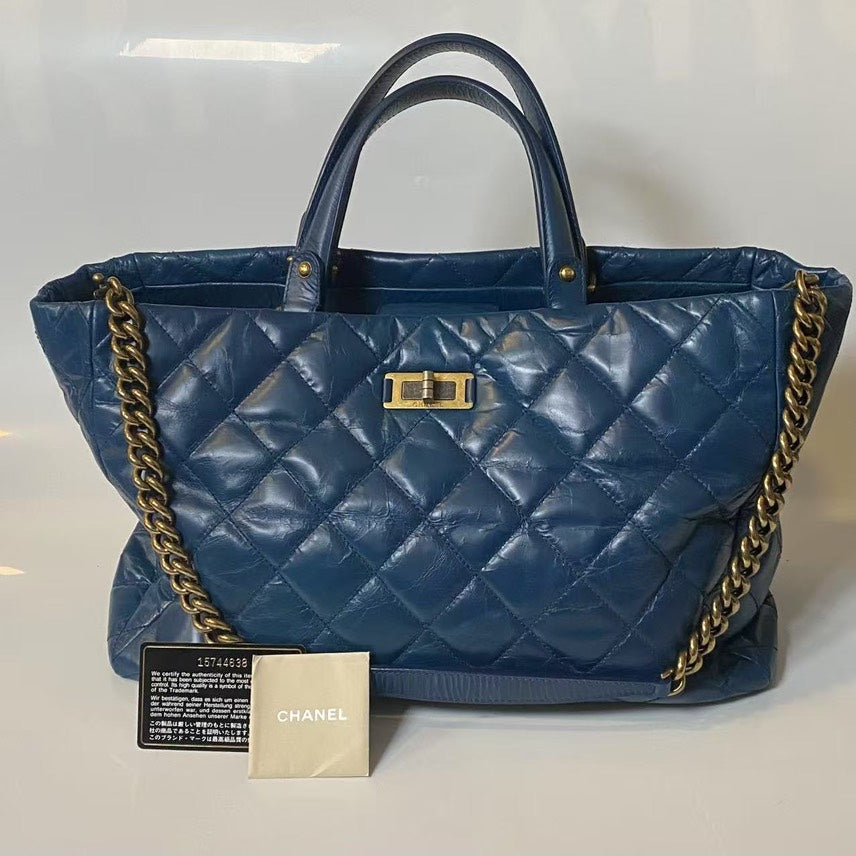 Chanel Vintage Quilted Blue Leather Tote Bag