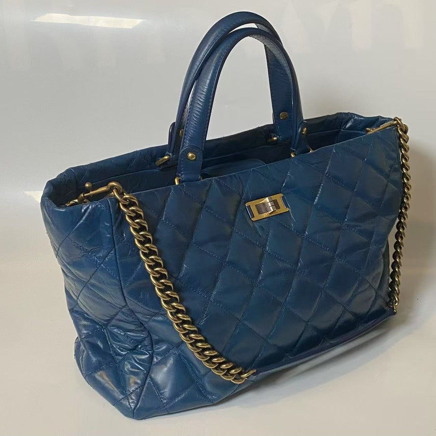 Chanel Vintage Quilted Blue Leather Tote Bag