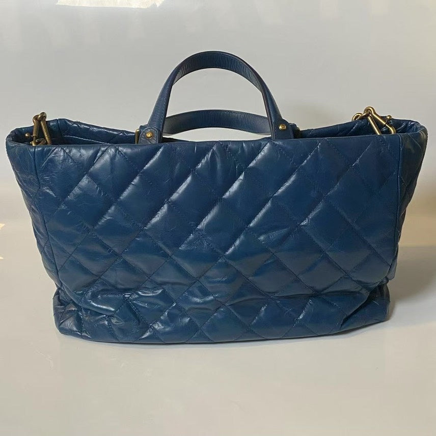 Chanel Vintage Quilted Blue Leather Tote Bag