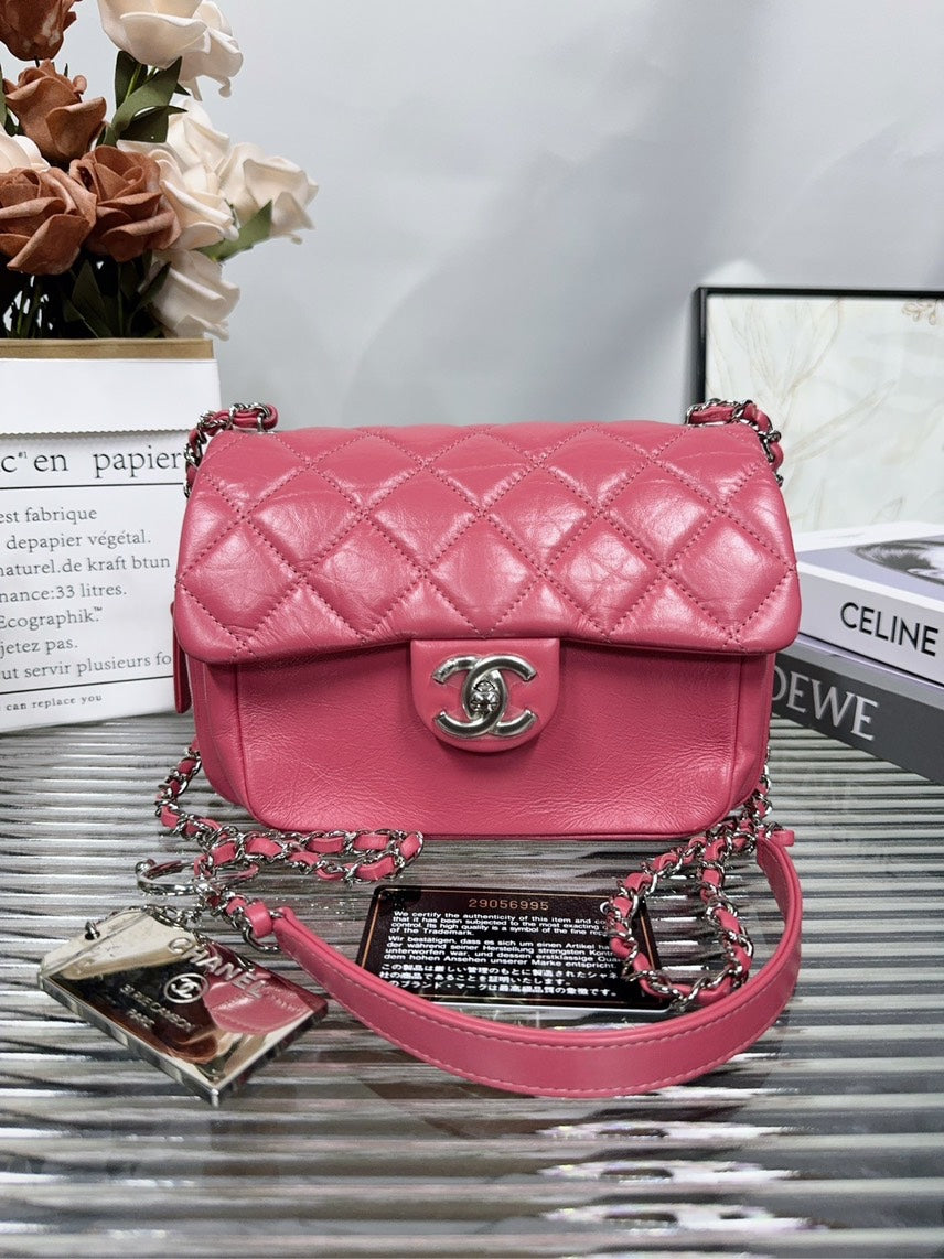 Chanel Classic Flap Bag Pink Leather Shoulder Bag HFY