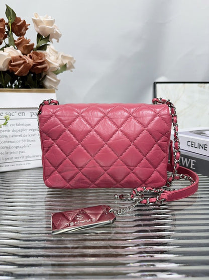 Chanel Classic Flap Bag Pink Leather Shoulder Bag HFY
