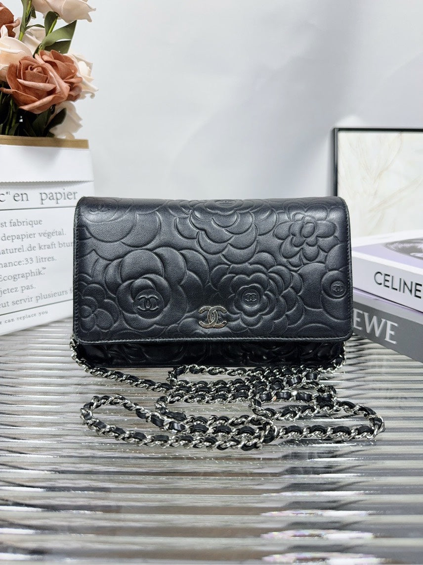 Chanel Camellia Embossed Black Leather Crossbody Bag