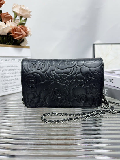 Chanel Camellia Embossed Black Leather Crossbody Bag