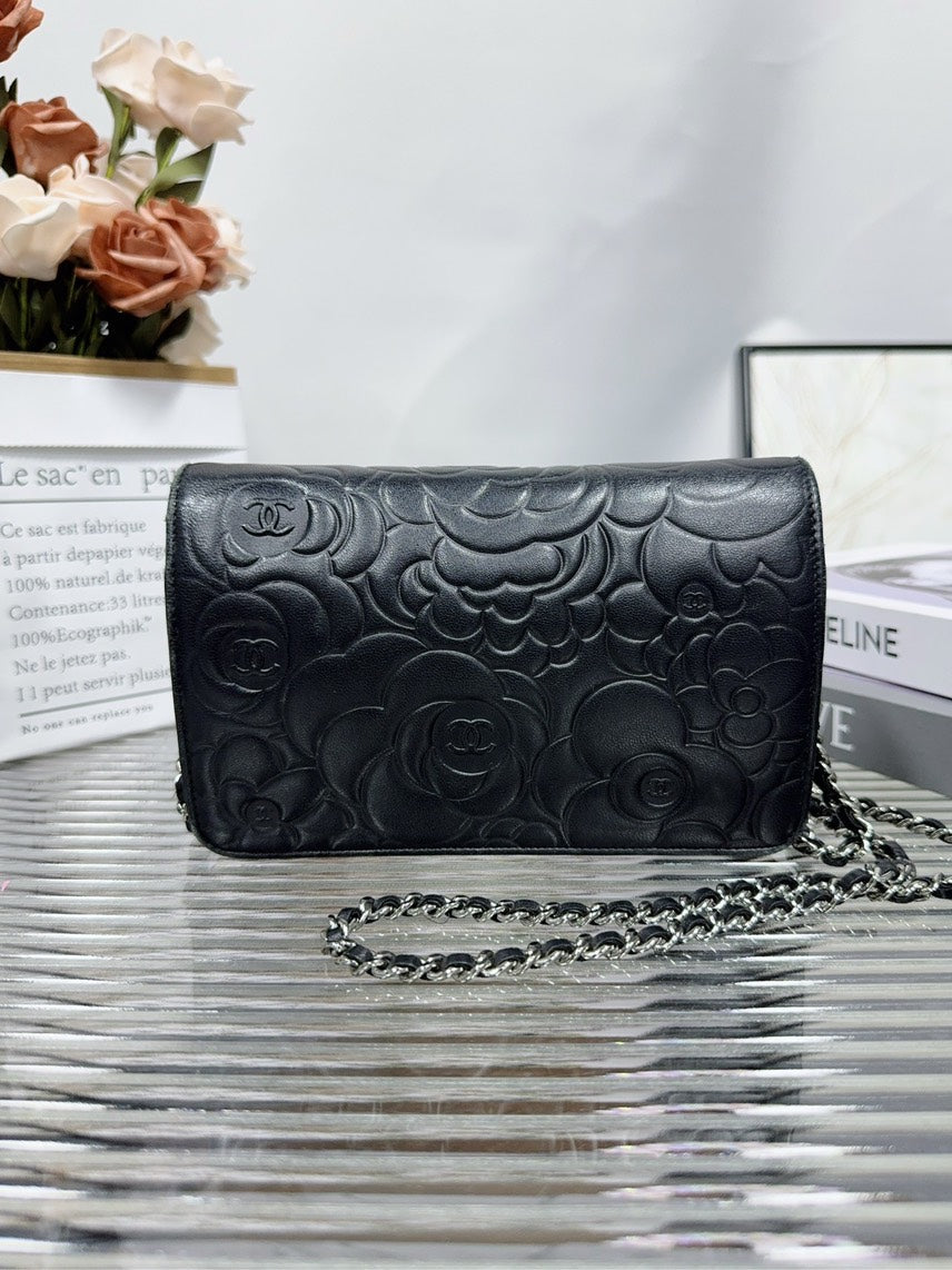 Preloved Chanel Camellia Embossed Black Leather Crossbody Bag