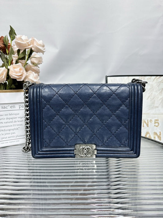 Preloved Chanel Le Boy Blue Quilted Leather Crossbody Bag