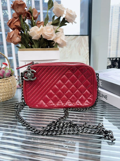 Chanel Quilted Camera Crossbody Bag in Red Leather