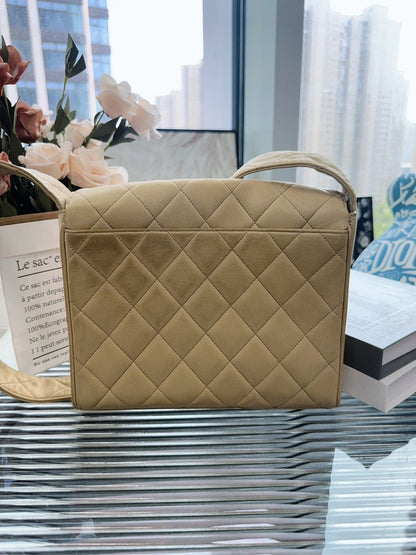 Vintage Chanel Quilted Satchel Beige Suede Shoulder Bag