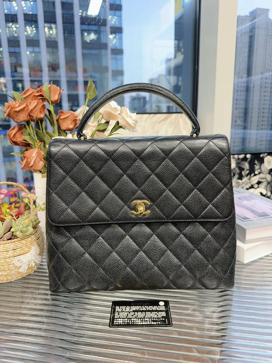 Preloved Chanel Classic Quilted Black Leather Top Handle Bag HFY