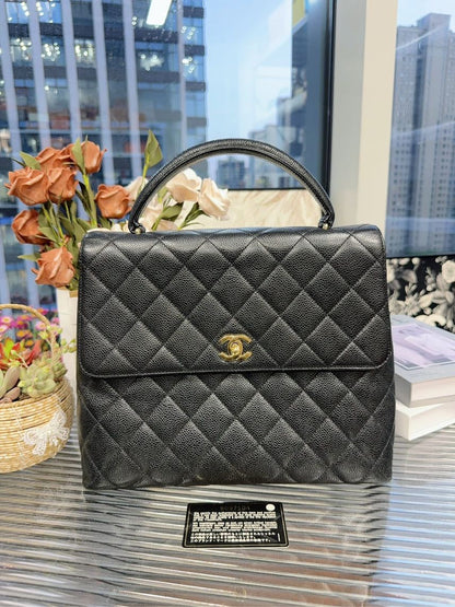 Chanel Classic Quilted Black Leather Top Handle Bag HFY