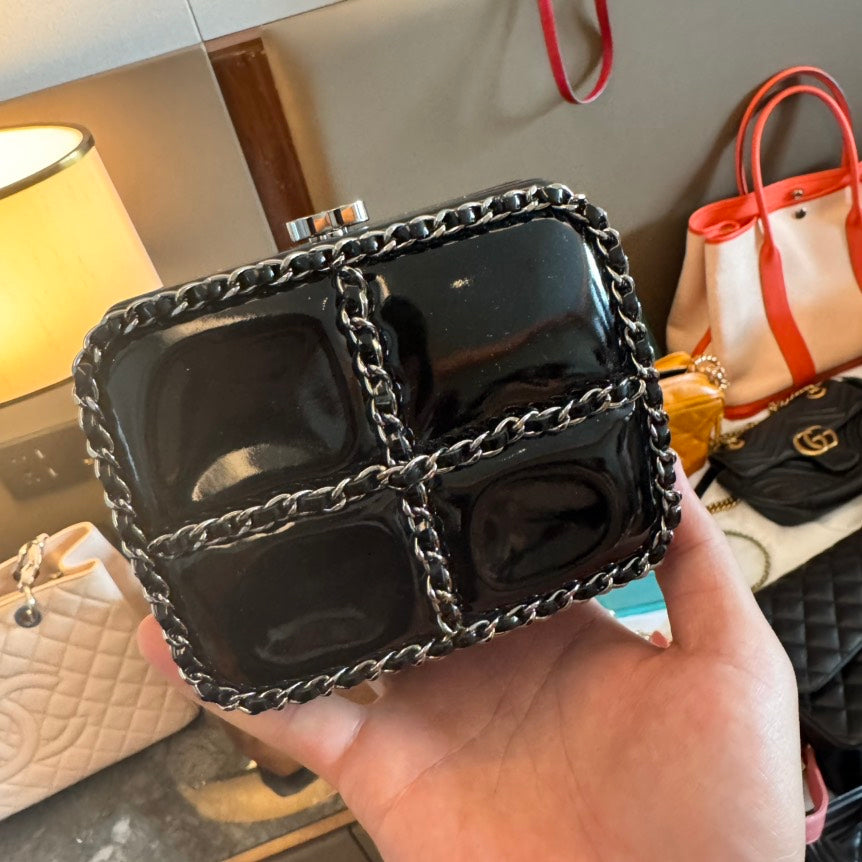 Chanel Black Chain Embellished Leather Clutch Bag
