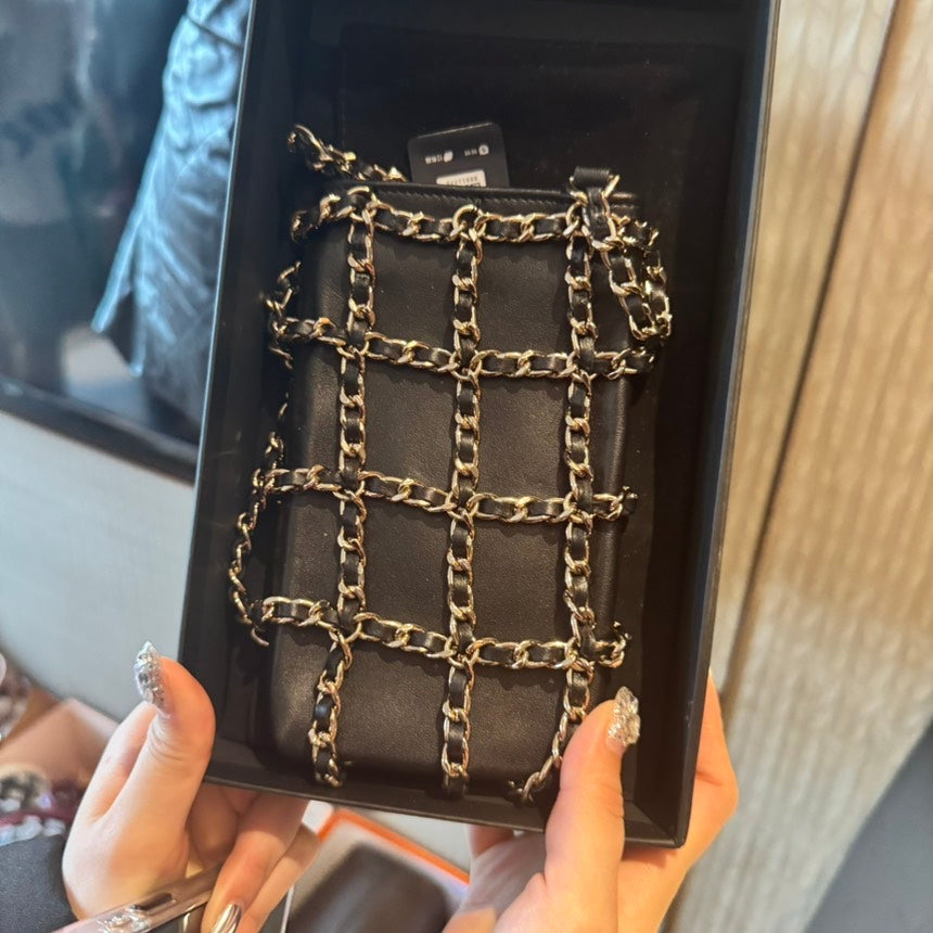 Preloved Chanel Chain Mail Wristlet Black Satin Mini Bag