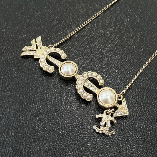 Preloved Chanel Coco Pearl Rhinestone Necklace Gold
