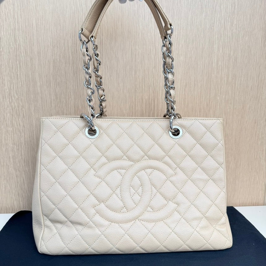 Chanel Beige Quilted Leather Shopper Tote Bag