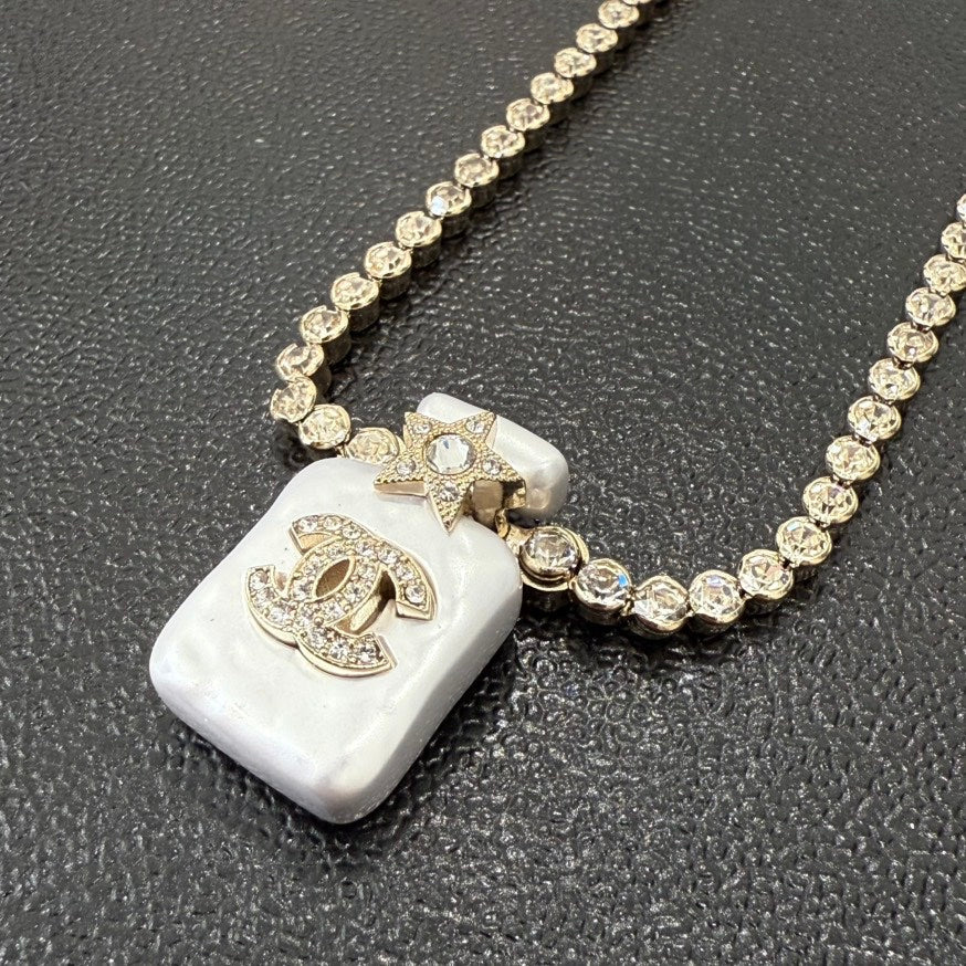 Chanel Rhinestone Pearl Perfume Bottle Necklace BS GT White Pendant