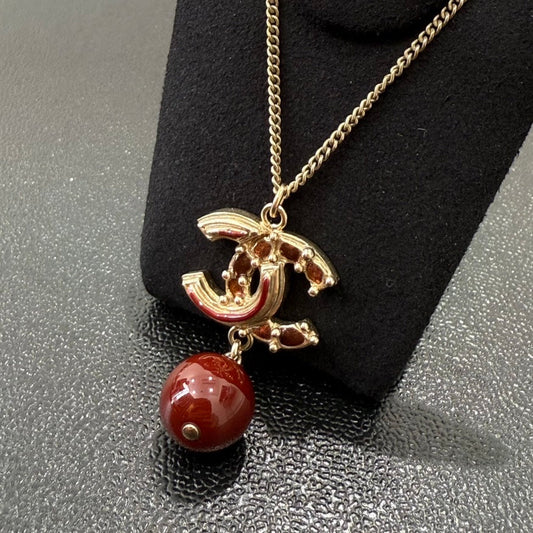 Preloved Chanel Coco Necklace GT8403 Gold Chain Red Pendant